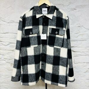 NWT Zara Wool Blend Black White Plaid Overshirt Italian Fabric Boxy Shacket